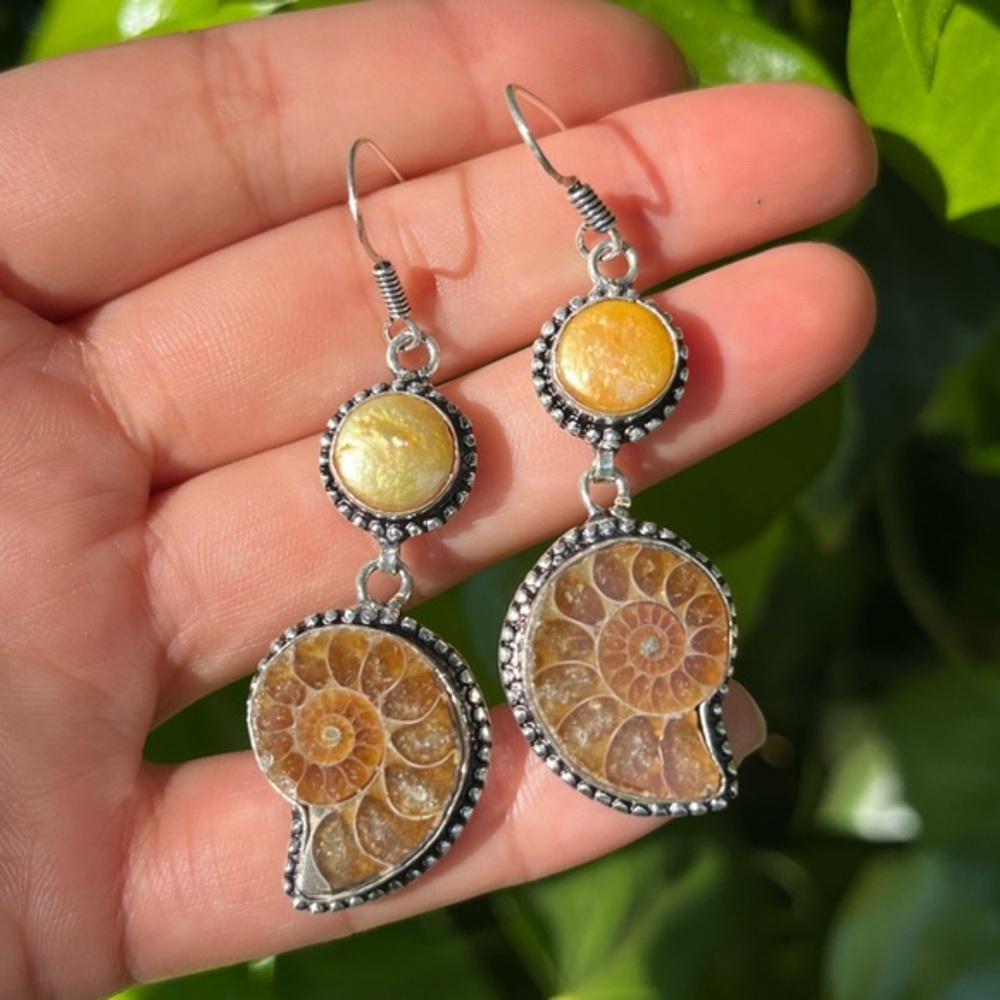 925 Silver Overlay Natural Fossilized Ammonite Earrings - Picture 3 of 6